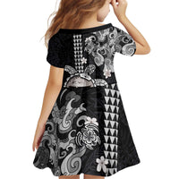 Hawaiian and Japanese Together Family Matching Off Shoulder Short Dress and Hawaiian Shirt Japanese Culture and Turtle Kakau Tattoo Black Color