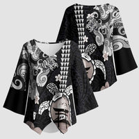 Hawaiian and Japanese Together Kimono Sleeve Blouse Japanese Culture and Turtle Kakau Tattoo Black Color LT03 - Polynesian Pride