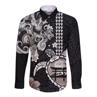 Hawaiian and Japanese Together Long Sleeve Button Shirt Japanese Culture and Turtle Kakau Tattoo Black Color LT03 Unisex Black - Polynesian Pride