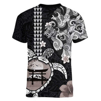 Hawaiian and Japanese Together Women V-Neck T-Shirt Japanese Culture and Turtle Kakau Tattoo Black Color LT03 - Polynesian Pride