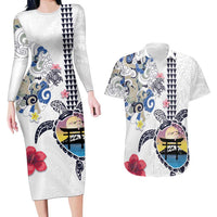 Hawaiian and Japanese Together Couples Matching Long Sleeve Bodycon Dress and Hawaiian Shirt Japanese Culture and Turtle Kakau Tattoo White Color LT03 White - Polynesian Pride