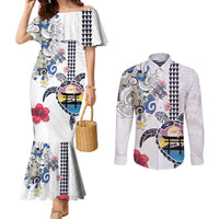 Hawaiian and Japanese Together Couples Matching Mermaid Dress and Long Sleeve Button Shirt Japanese Culture and Turtle Kakau Tattoo White Color