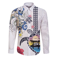 Hawaiian and Japanese Together Family Matching Off Shoulder Maxi Dress and Hawaiian Shirt Japanese Culture and Turtle Kakau Tattoo White Color LT03 Dad's Shirt - Long Sleeve White - Polynesian Pride