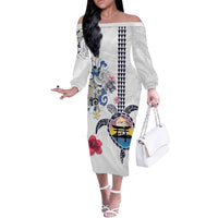Hawaiian and Japanese Together Off The Shoulder Long Sleeve Dress Japanese Culture and Turtle Kakau Tattoo White Color LT03 Women White - Polynesian Pride