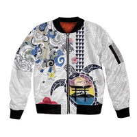 Hawaiian and Japanese Together Sleeve Zip Bomber Jacket Japanese Culture and Turtle Kakau Tattoo White Color LT03 Unisex White - Polynesian Pride