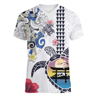 Hawaiian and Japanese Together Women V-Neck T-Shirt Japanese Culture and Turtle Kakau Tattoo White Color LT03 Female White - Polynesian Pride