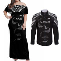 New Zealand Rugby Custom Couples Matching Off Shoulder Maxi Dress and Long Sleeve Button Shirt Aotearoa Armour Blacks Silver Ferns LT03 Black - Polynesian Pride