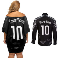 New Zealand Rugby Custom Couples Matching Off Shoulder Short Dress and Long Sleeve Button Shirt Aotearoa Armour Blacks Silver Ferns LT03 - Polynesian Pride