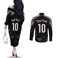 New Zealand Rugby Custom Couples Matching Off The Shoulder Long Sleeve Dress and Long Sleeve Button Shirt Aotearoa Armour Blacks Silver Ferns LT03 - Polynesian Pride