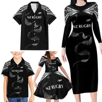 New Zealand Rugby Custom Family Matching Long Sleeve Bodycon Dress and Hawaiian Shirt Aotearoa Armour Blacks Silver Ferns LT03 - Polynesian Pride