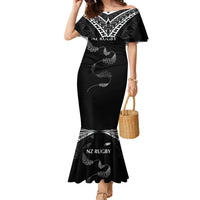 New Zealand Rugby Custom Family Matching Mermaid Dress and Hawaiian Shirt Aotearoa Armour Blacks Silver Ferns LT03 Mom's Dress Black - Polynesian Pride