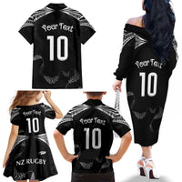 New Zealand Rugby Custom Family Matching Off The Shoulder Long Sleeve Dress and Hawaiian Shirt Aotearoa Armour Blacks Silver Ferns LT03 - Polynesian Pride