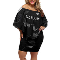 New Zealand Rugby Custom Family Matching Off Shoulder Short Dress and Hawaiian Shirt Aotearoa Armour Blacks Silver Ferns LT03 Mom's Dress Black - Polynesian Pride