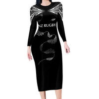 New Zealand Rugby Custom Long Sleeve Bodycon Dress Aotearoa Armour Blacks Silver Ferns LT03 Long Dress Black - Polynesian Pride