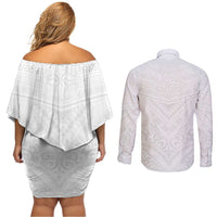 Tonga White Sunday Couples Matching Off Shoulder Short Dress and Long Sleeve Button Shirt Tongan Tribal Heritage Tattoos LT03 - Polynesian Pride