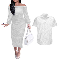 Tonga White Sunday Couples Matching Off The Shoulder Long Sleeve Dress and Hawaiian Shirt Tongan Tribal Heritage Tattoos LT03 White - Polynesian Pride