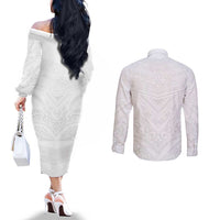 Tonga White Sunday Couples Matching Off The Shoulder Long Sleeve Dress and Long Sleeve Button Shirt Tongan Tribal Heritage Tattoos LT03 - Polynesian Pride