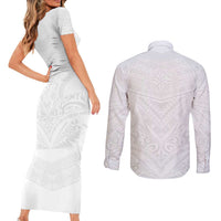 Tonga White Sunday Couples Matching Short Sleeve Bodycon Dress and Long Sleeve Button Shirt Tongan Tribal Heritage Tattoos LT03 - Polynesian Pride