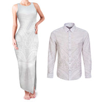 Tonga White Sunday Couples Matching Tank Maxi Dress and Long Sleeve Button Shirt Tongan Tribal Heritage Tattoos LT03 White - Polynesian Pride