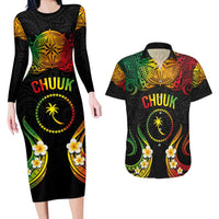 Personalised Chuuk Independence Day Couples Matching Long Sleeve Bodycon Dress and Hawaiian Shirt Polynesian Tattoo and Plumeria Reggae Color LT03 Reggae - Polynesian Pride