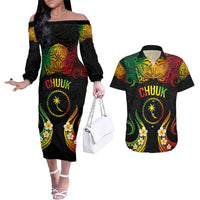 Personalised Chuuk Independence Day Couples Matching Off The Shoulder Long Sleeve Dress and Hawaiian Shirt Polynesian Tattoo and Plumeria Reggae Color LT03 Reggae - Polynesian Pride