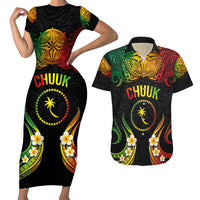 Personalised Chuuk Independence Day Couples Matching Short Sleeve Bodycon Dress and Hawaiian Shirt Polynesian Tattoo and Plumeria Reggae Color LT03 Reggae - Polynesian Pride