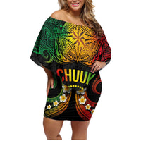 Personalised Chuuk Independence Day Family Matching Off Shoulder Short Dress and Hawaiian Shirt Polynesian Tattoo and Plumeria Reggae Color LT03 Mom's Dress Reggae - Polynesian Pride
