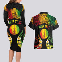 Personalised New Caledonia Independence Day Couples Matching Long Sleeve Bodycon Dress and Hawaiian Shirt Polynesian Tattoo and Plumeria Reggae Color LT03 - Polynesian Pride