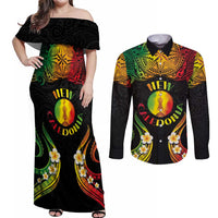 Personalised New Caledonia Independence Day Couples Matching Off Shoulder Maxi Dress and Long Sleeve Button Shirt Polynesian Tattoo and Plumeria Reggae Color LT03 Reggae - Polynesian Pride