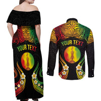Personalised New Caledonia Independence Day Couples Matching Off Shoulder Maxi Dress and Long Sleeve Button Shirt Polynesian Tattoo and Plumeria Reggae Color LT03 - Polynesian Pride