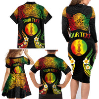 Personalised New Caledonia Independence Day Family Matching Long Sleeve Bodycon Dress and Hawaiian Shirt Polynesian Tattoo and Plumeria Reggae Color LT03 - Polynesian Pride