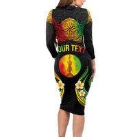 Personalised New Caledonia Independence Day Long Sleeve Bodycon Dress Polynesian Tattoo and Plumeria Reggae Color LT03 - Polynesian Pride