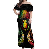 Personalised New Caledonia Independence Day Off Shoulder Maxi Dress Polynesian Tattoo and Plumeria Reggae Color LT03 Women Reggae - Polynesian Pride