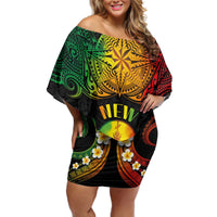 Personalised New Caledonia Independence Day Off Shoulder Short Dress Polynesian Tattoo and Plumeria Reggae Color LT03 Women Reggae - Polynesian Pride