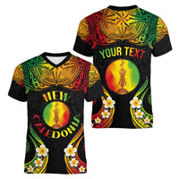 Personalised New Caledonia Independence Day Women V-Neck T-Shirt Polynesian Tattoo and Plumeria Reggae Color LT03 - Polynesian Pride