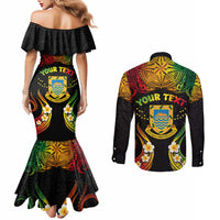 Personalised Tuvalu Independence Day Couples Matching Mermaid Dress and Long Sleeve Button Shirt Polynesian Tattoo and Plumeria Reggae Color LT03 - Polynesian Pride