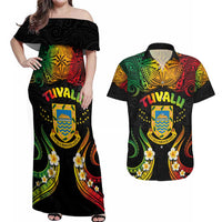 Personalised Tuvalu Independence Day Couples Matching Off Shoulder Maxi Dress and Hawaiian Shirt Polynesian Tattoo and Plumeria Reggae Color LT03 Reggae - Polynesian Pride
