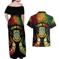 Personalised Tuvalu Independence Day Couples Matching Off Shoulder Maxi Dress and Hawaiian Shirt Polynesian Tattoo and Plumeria Reggae Color LT03 - Polynesian Pride
