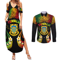 Personalised Tuvalu Independence Day Couples Matching Summer Maxi Dress and Long Sleeve Button Shirt Polynesian Tattoo and Plumeria Reggae Color LT03 Reggae - Polynesian Pride