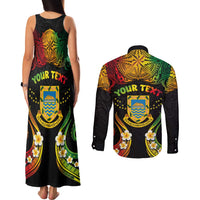 Personalised Tuvalu Independence Day Couples Matching Tank Maxi Dress and Long Sleeve Button Shirt Polynesian Tattoo and Plumeria Reggae Color LT03 - Polynesian Pride