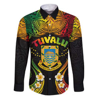 Personalised Tuvalu Independence Day Family Matching Mermaid Dress and Hawaiian Shirt Polynesian Tattoo and Plumeria Reggae Color LT03 Dad's Shirt - Long Sleeve Reggae - Polynesian Pride