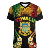Personalised Tuvalu Independence Day Women V-Neck T-Shirt Polynesian Tattoo and Plumeria Reggae Color LT03 Female Reggae - Polynesian Pride
