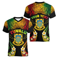 Personalised Tuvalu Independence Day Women V-Neck T-Shirt Polynesian Tattoo and Plumeria Reggae Color LT03 - Polynesian Pride