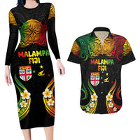 Personalised Malampa Fiji Day Couples Matching Long Sleeve Bodycon Dress and Hawaiian Shirt Polynesian Tattoo and Plumeria Reggae Color LT03 Reggae - Polynesian Pride
