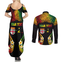 Personalised Malampa Fiji Day Couples Matching Summer Maxi Dress and Long Sleeve Button Shirt Polynesian Tattoo and Plumeria Reggae Color LT03 - Polynesian Pride