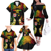 Personalised Malampa Fiji Day Family Matching Off The Shoulder Long Sleeve Dress and Hawaiian Shirt Polynesian Tattoo and Plumeria Reggae Color LT03 - Polynesian Pride