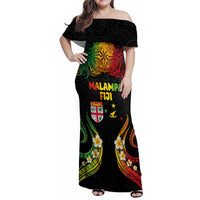 Personalised Malampa Fiji Day Family Matching Off Shoulder Maxi Dress and Hawaiian Shirt Polynesian Tattoo and Plumeria Reggae Color LT03 Mom's Dress Reggae - Polynesian Pride