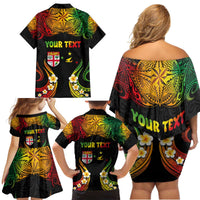Personalised Malampa Fiji Day Family Matching Off Shoulder Short Dress and Hawaiian Shirt Polynesian Tattoo and Plumeria Reggae Color LT03 - Polynesian Pride