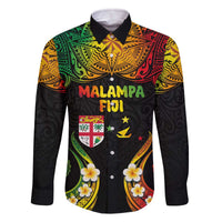 Personalised Malampa Fiji Day Family Matching Off Shoulder Short Dress and Hawaiian Shirt Polynesian Tattoo and Plumeria Reggae Color LT03 Dad's Shirt - Long Sleeve Reggae - Polynesian Pride