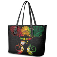 Personalised Malampa Fiji Day Leather Tote Bag Polynesian Tattoo and Plumeria Reggae Color LT03 - Polynesian Pride